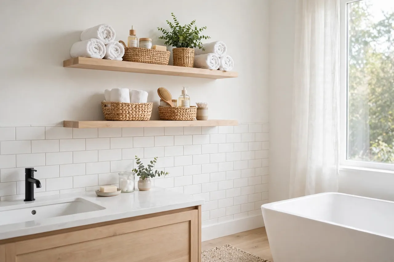 Floating wood shelves in a bright bathroom with rolled white towels and woven baskets