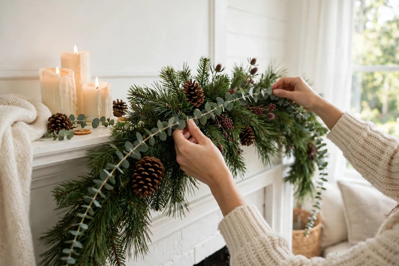 Hands fluffing and layering two Christmas garlands on a mantel
