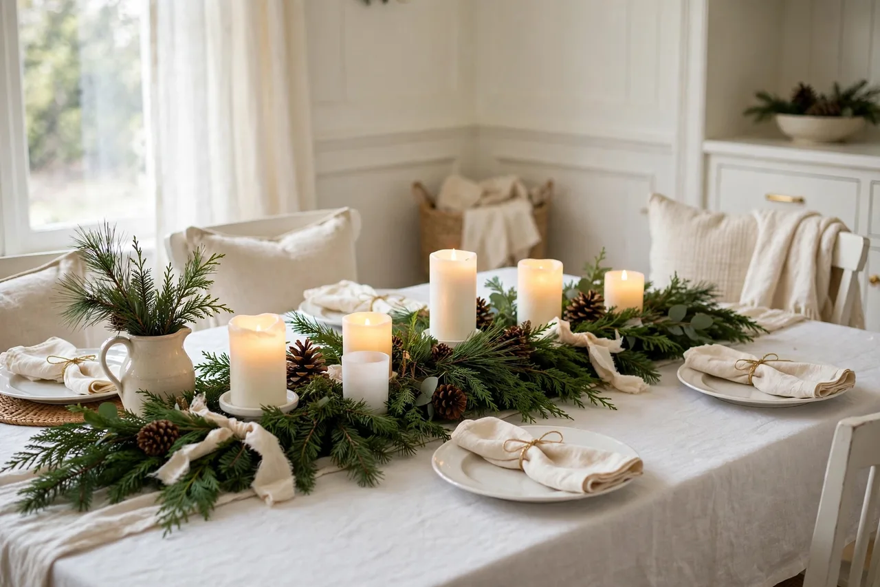 Garland runner with flameless candles and pinecones down a Christmas table