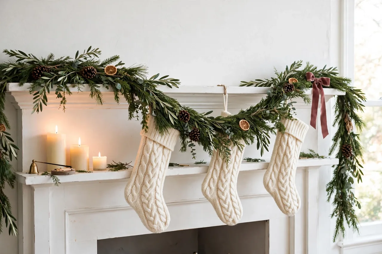 White mantel with green garland swags, cream stockings and candles
