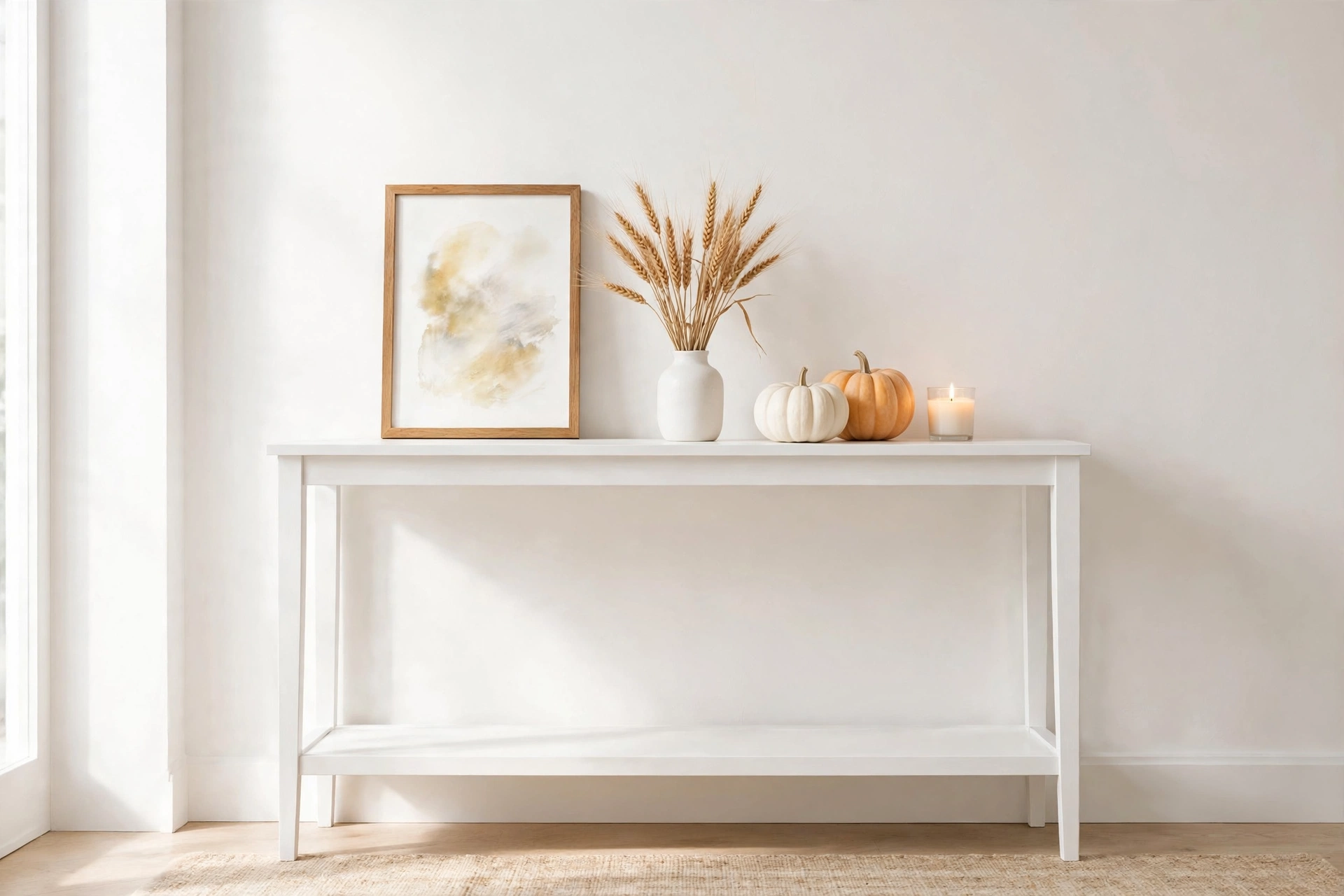 thanksgiving grateful board with wheat, mini pumpkins and a candle