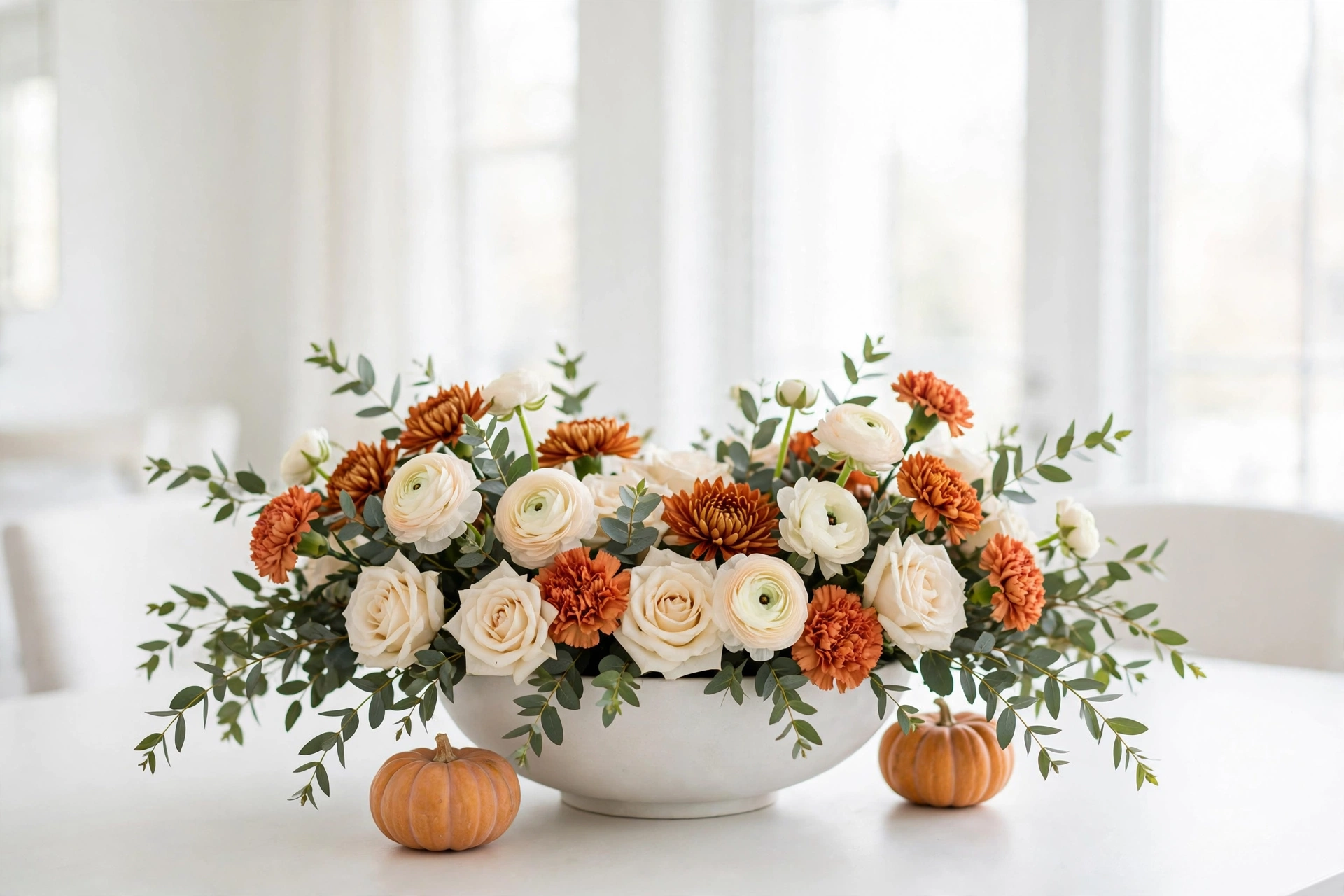 grocery store bouquet arranged low in a white bowl with eucalyptus