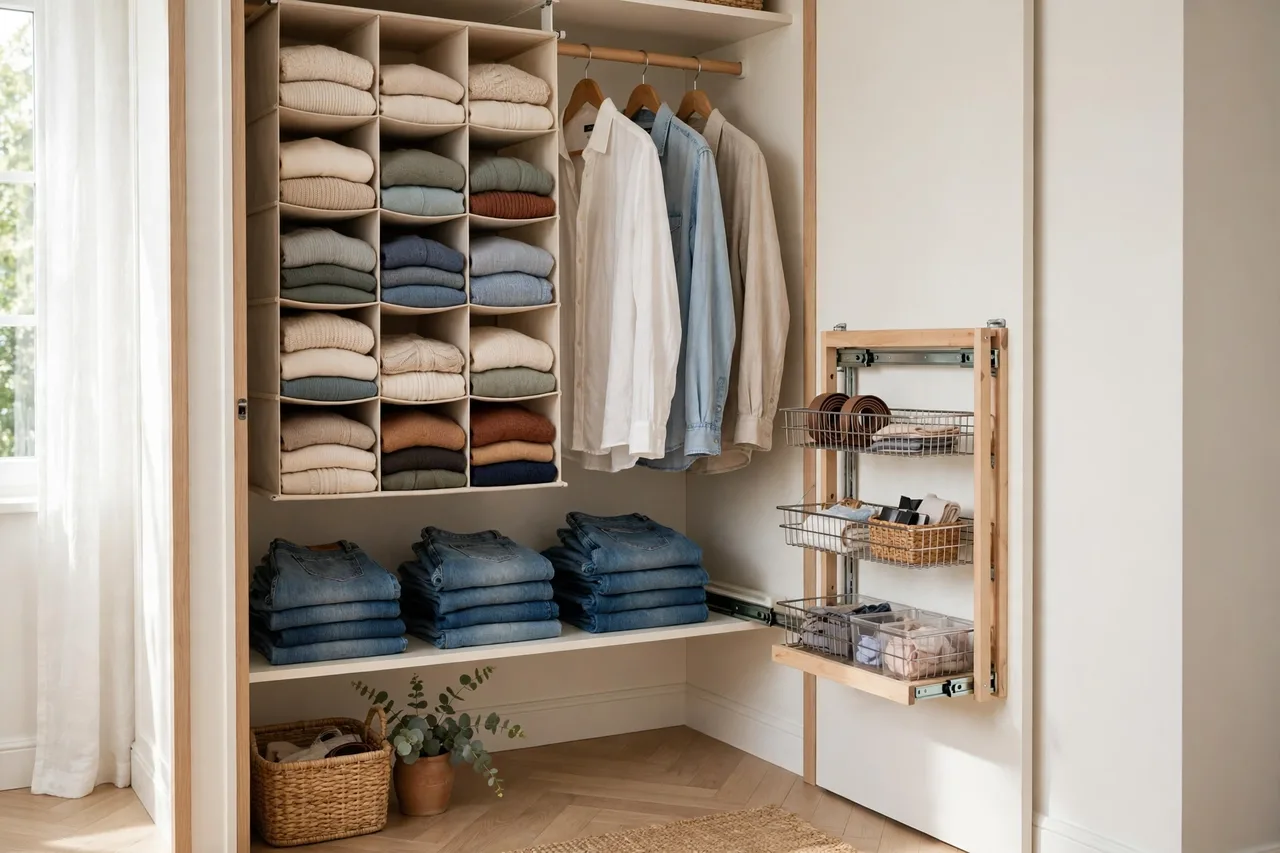 Hanging closet organizer with folded sweaters and jeans in a small closet