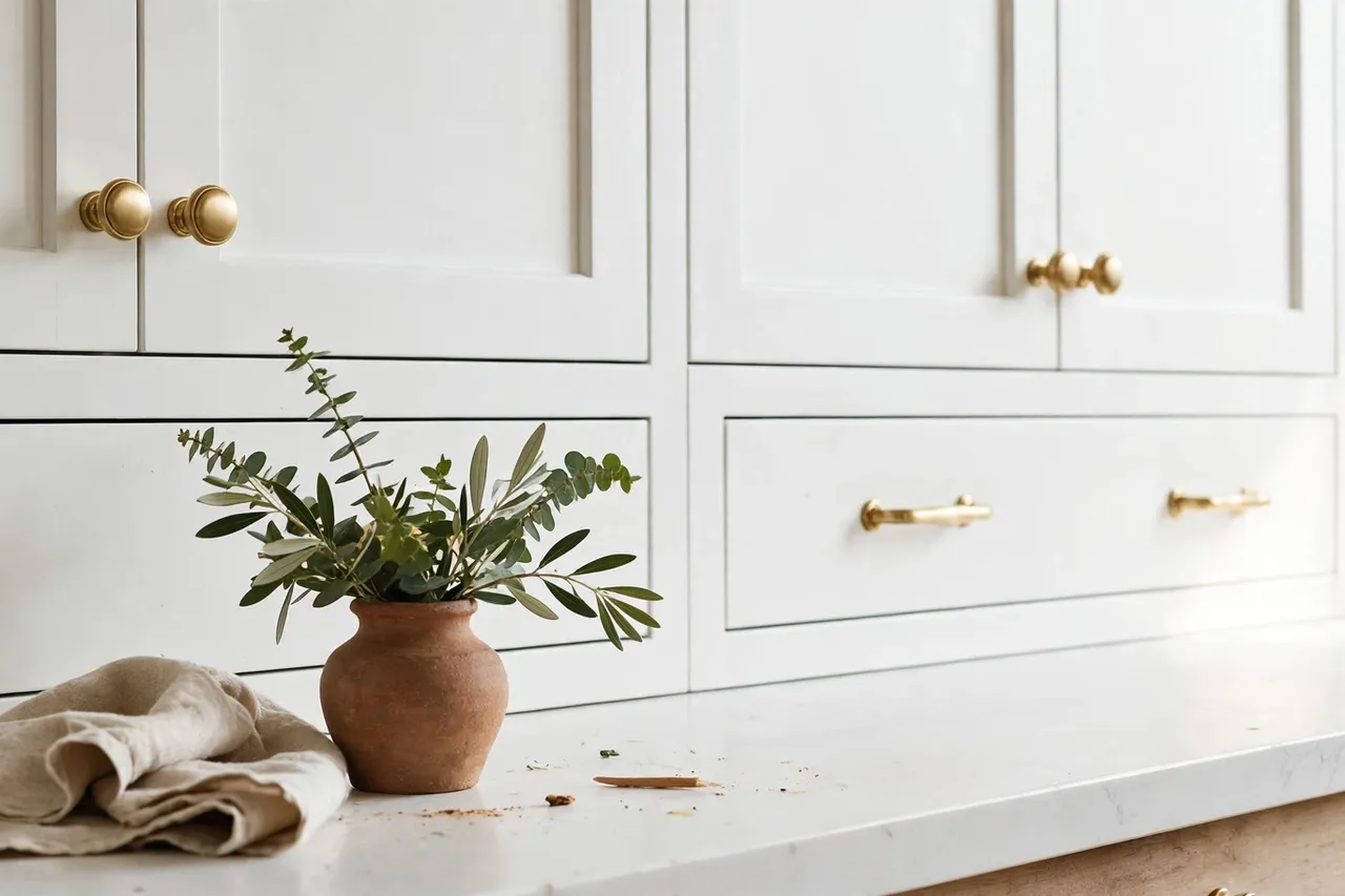 Brushed brass cabinet knobs and pulls on white kitchen cabinets