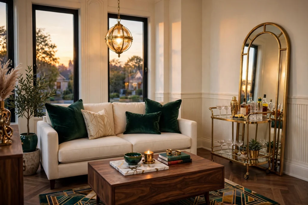 Neo Deco living room with a brass bar cart, arched mirror, emerald velvet cushions and a marble tray