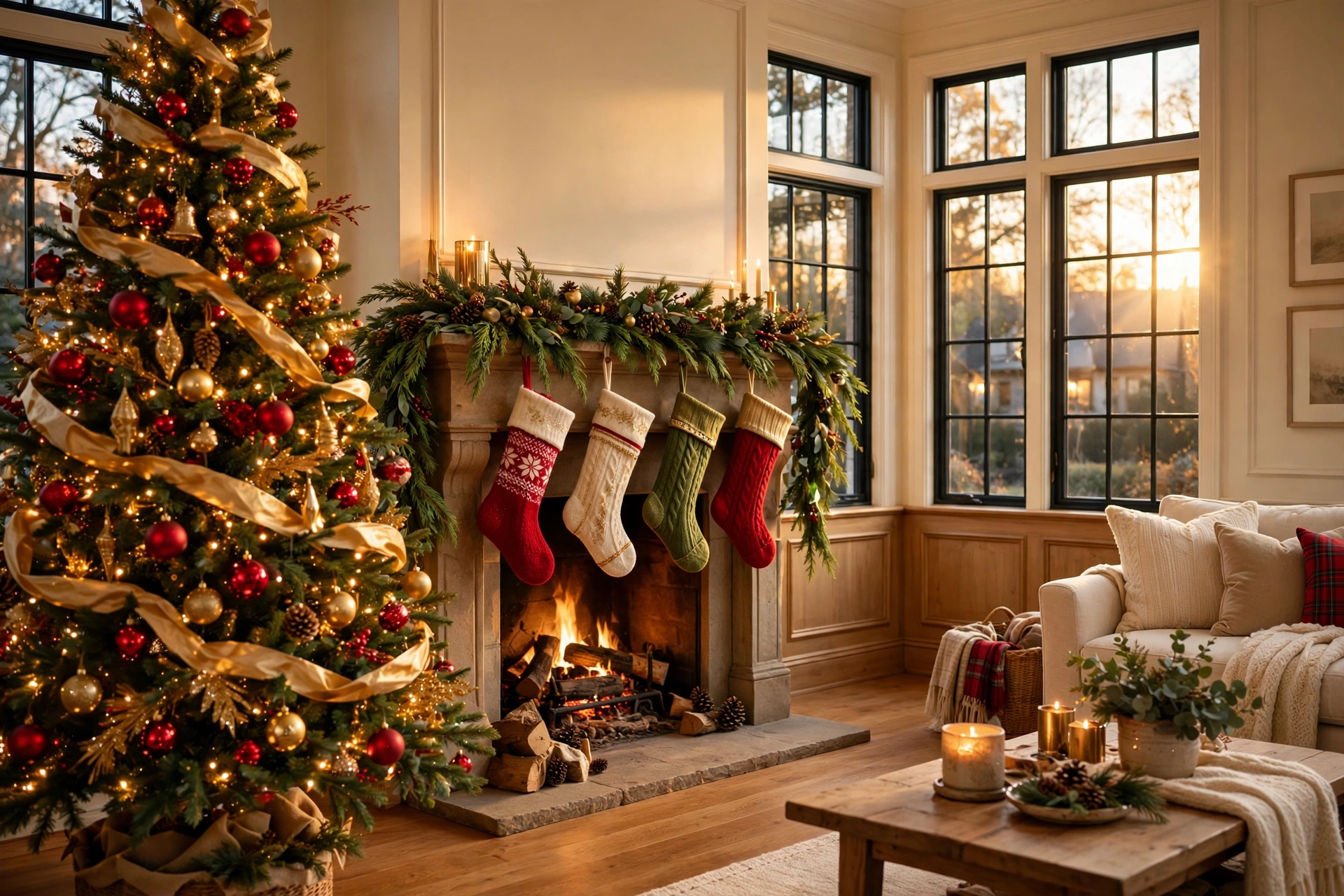 christmas tree decorating ideas — tree with warm lights and emerald and burgundy ornaments in a cozy living room