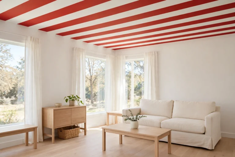 Calm white and cream living room with one bold striped ceiling as its single playful feature.