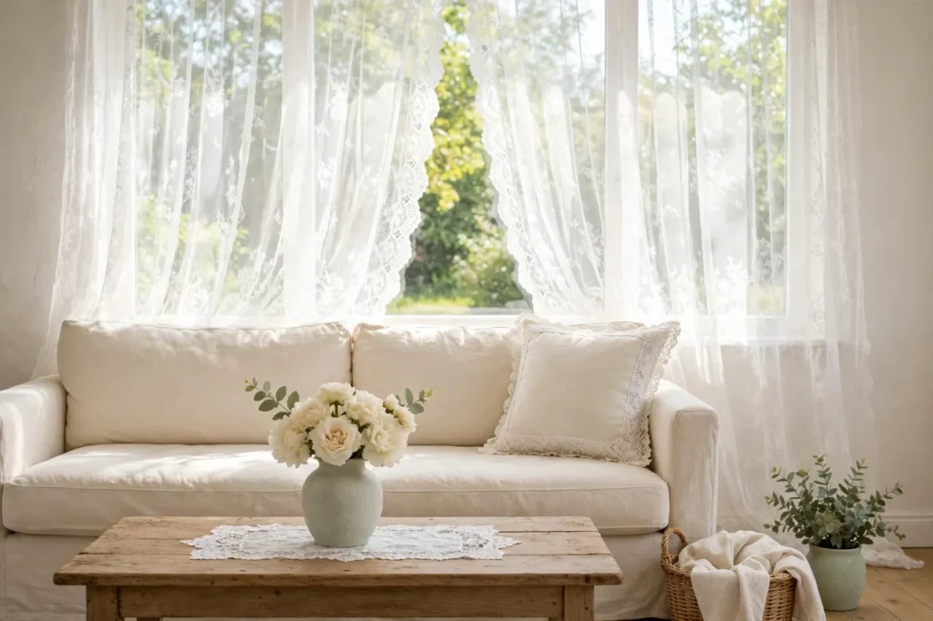 Bright living room with sheer lace curtains and a cream sofa