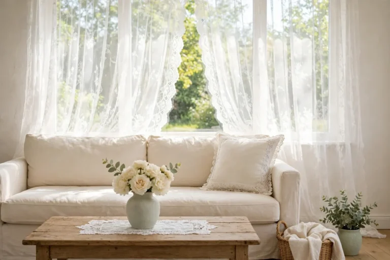 Bright living room with sheer lace curtains and a cream sofa