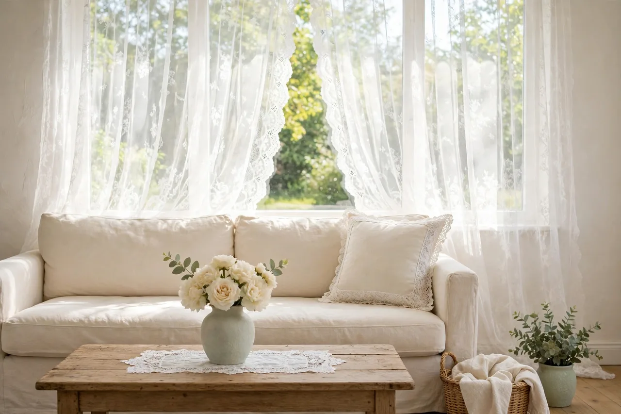 Bright living room with sheer lace curtains and a cream sofa