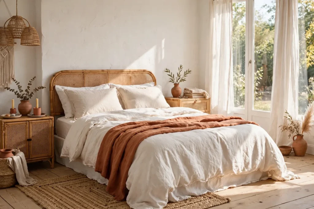 Bed with warm white washed-linen bedding and a terracotta throw in a bright boho bedroom