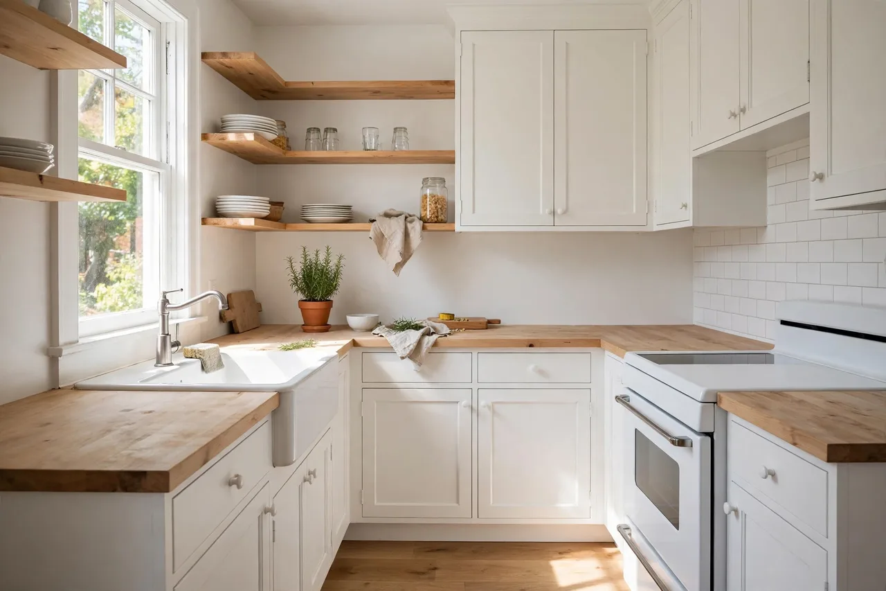 Bright small white kitchen with light wood counters, open shelves and a terracotta accent
