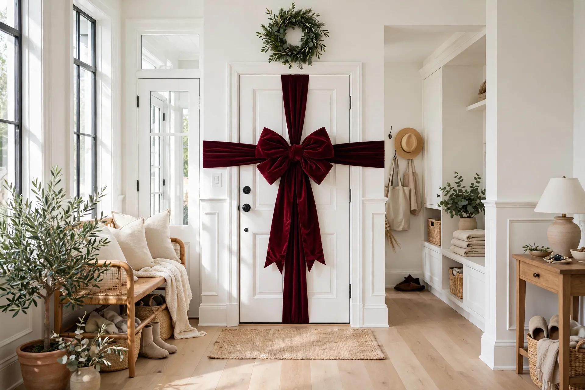 Rental friendly christmas decor with a giant burgundy ribbon bow on a white front door