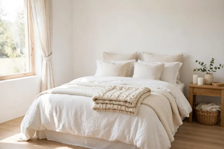 Hygge bedroom with layered white bedding, a wool throw and candles in a bright room