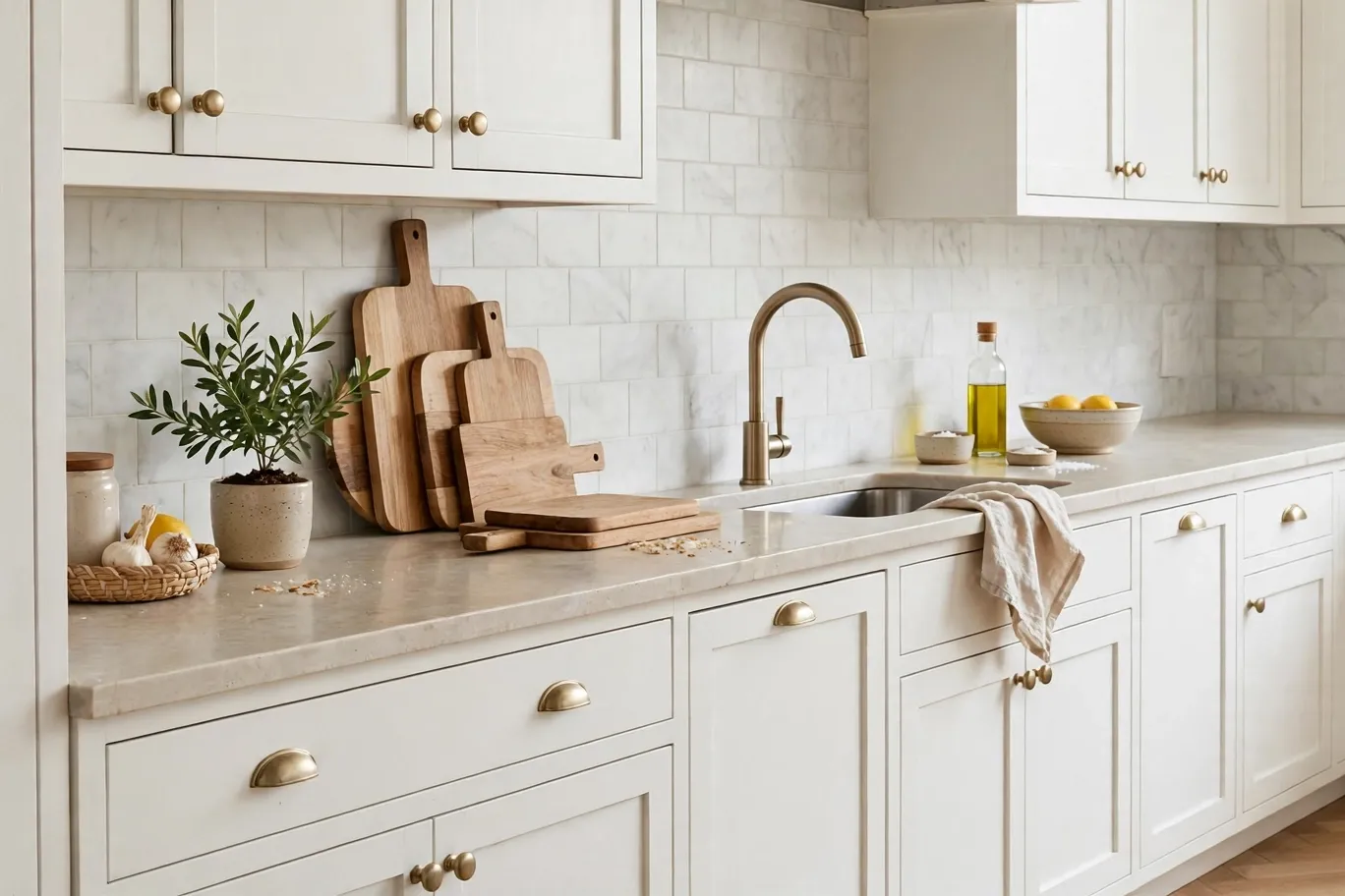 Micro renovations in a bright kitchen with peel and stick backsplash and brass hardware