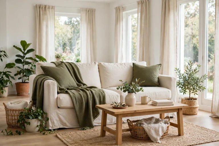 Earthy living room ideas with olive green cushions and terracotta pots in a bright white living room