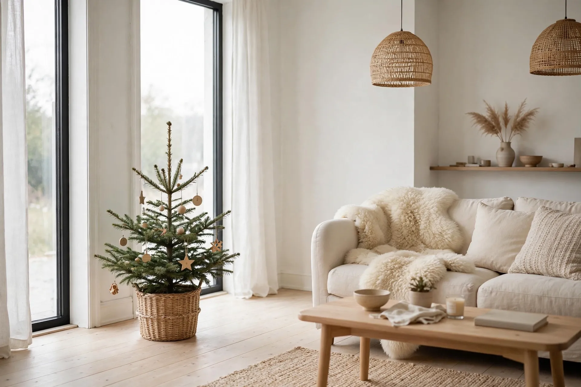 Scandi christmas decor with a small spruce tree in a woven basket in a bright white living room