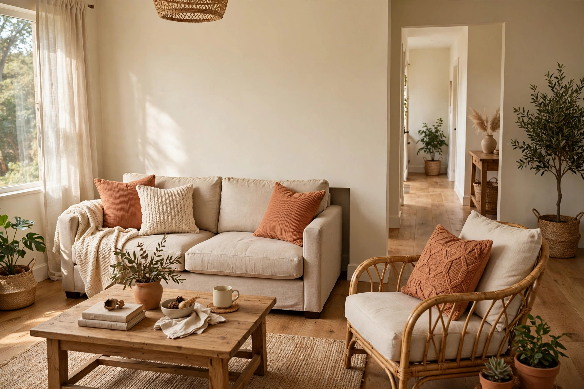 Living room sofa pulled a few inches off the wall with an angled armchair forming a conversation group