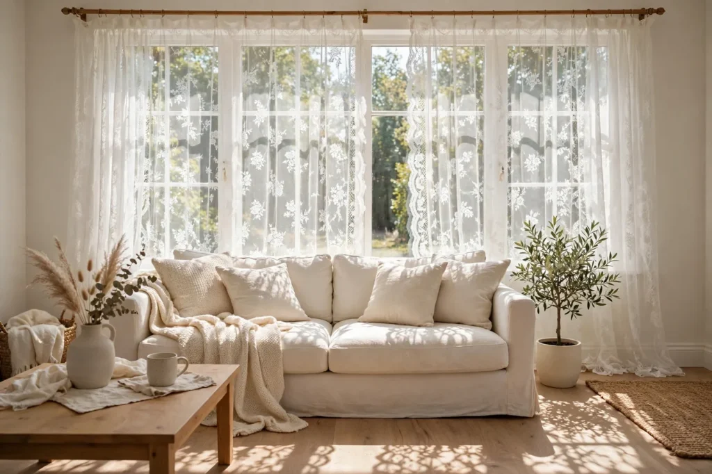 Living room window with sheer white lace curtains filtering sunlight onto a cream sofa
