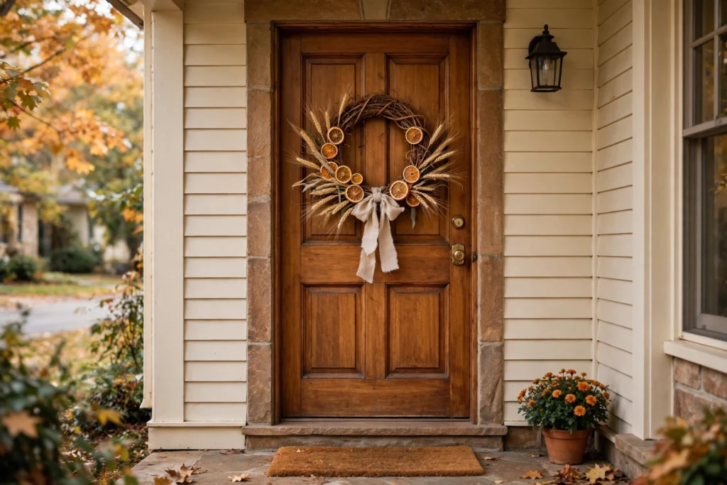Grapevine wreath with dried orange slices, wheat stems and a linen bow on a wooden front door