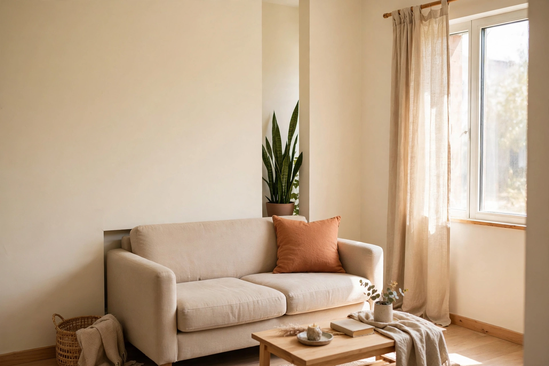 Sofa floated a few inches off the wall with a tall snake plant in the gap behind it