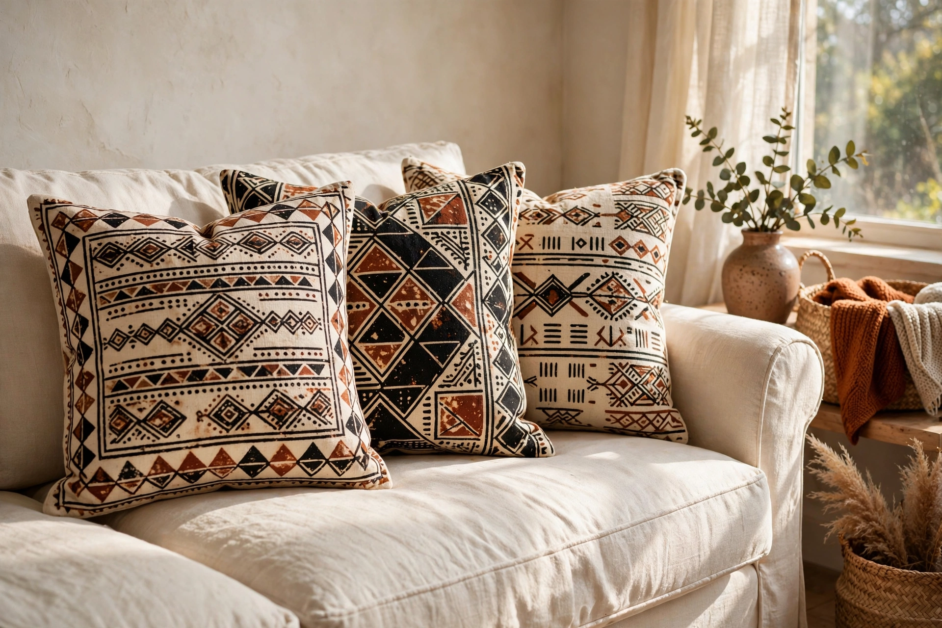 Cream linen sofa with mud-cloth cushion covers in cream, rust and black tribal patterns