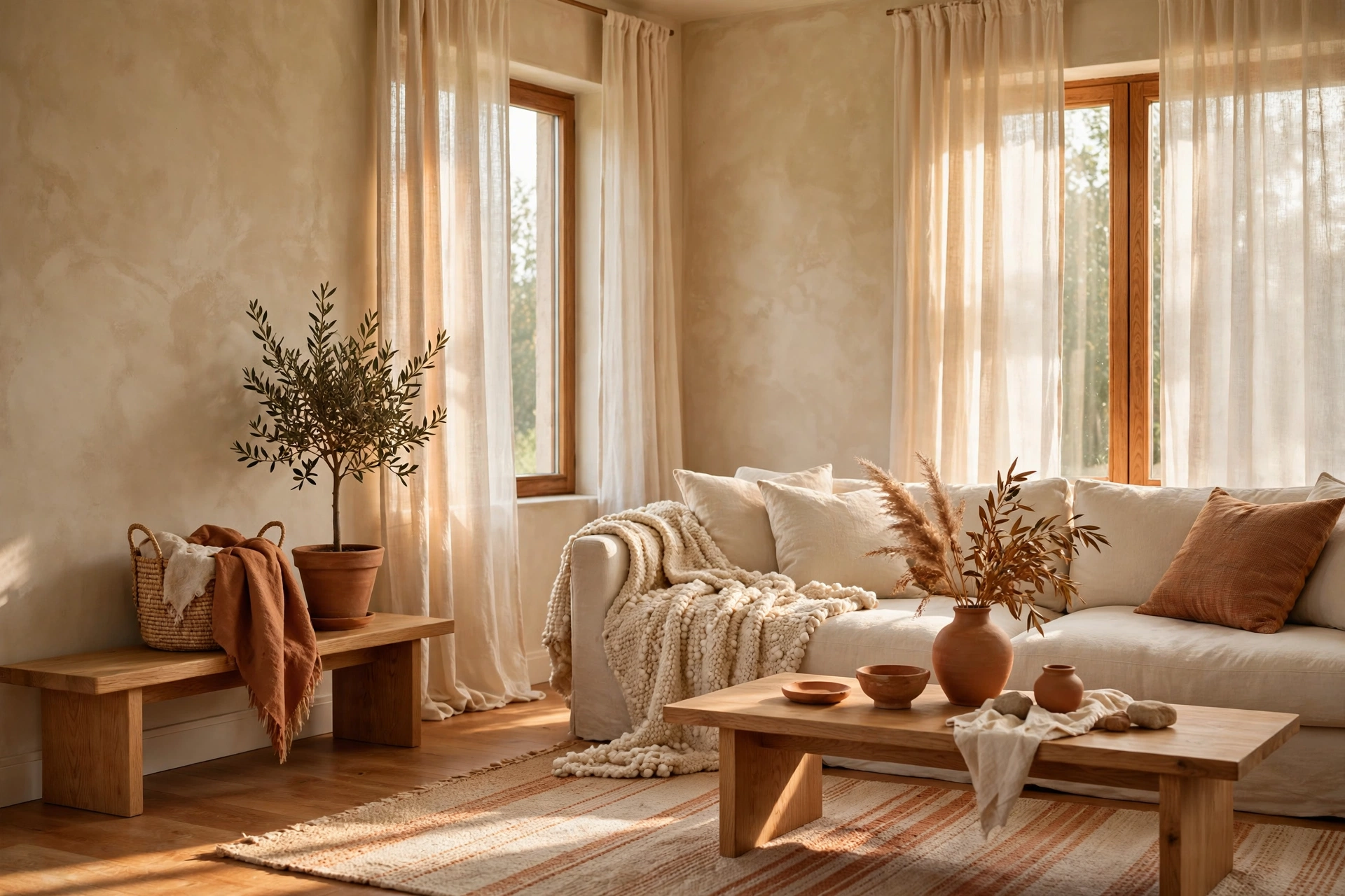 Serene warm minimalist living room with limewash plaster walls, low oak furniture and linen textiles