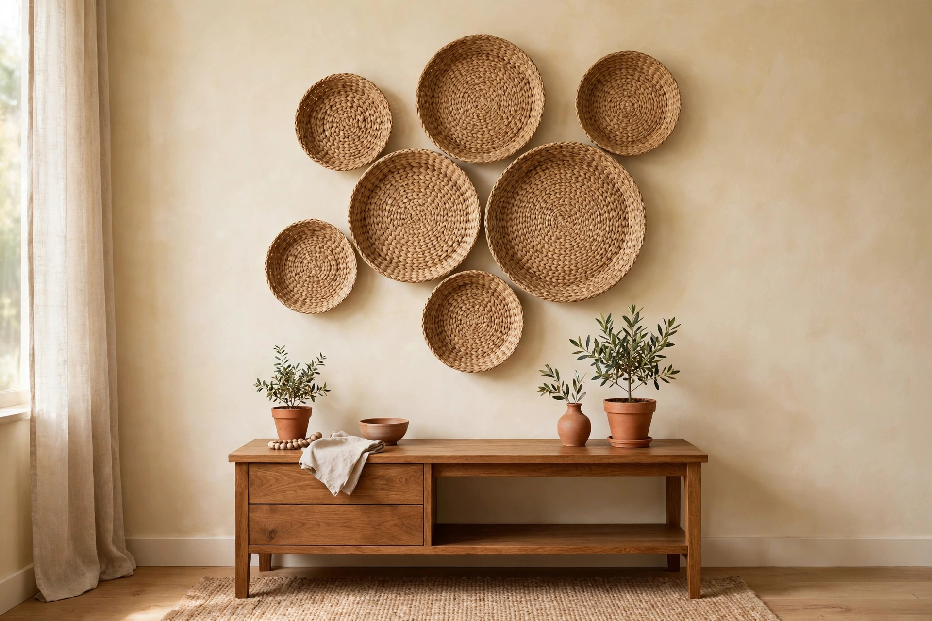 Woven seagrass basket wall cluster hanging above a wooden console table