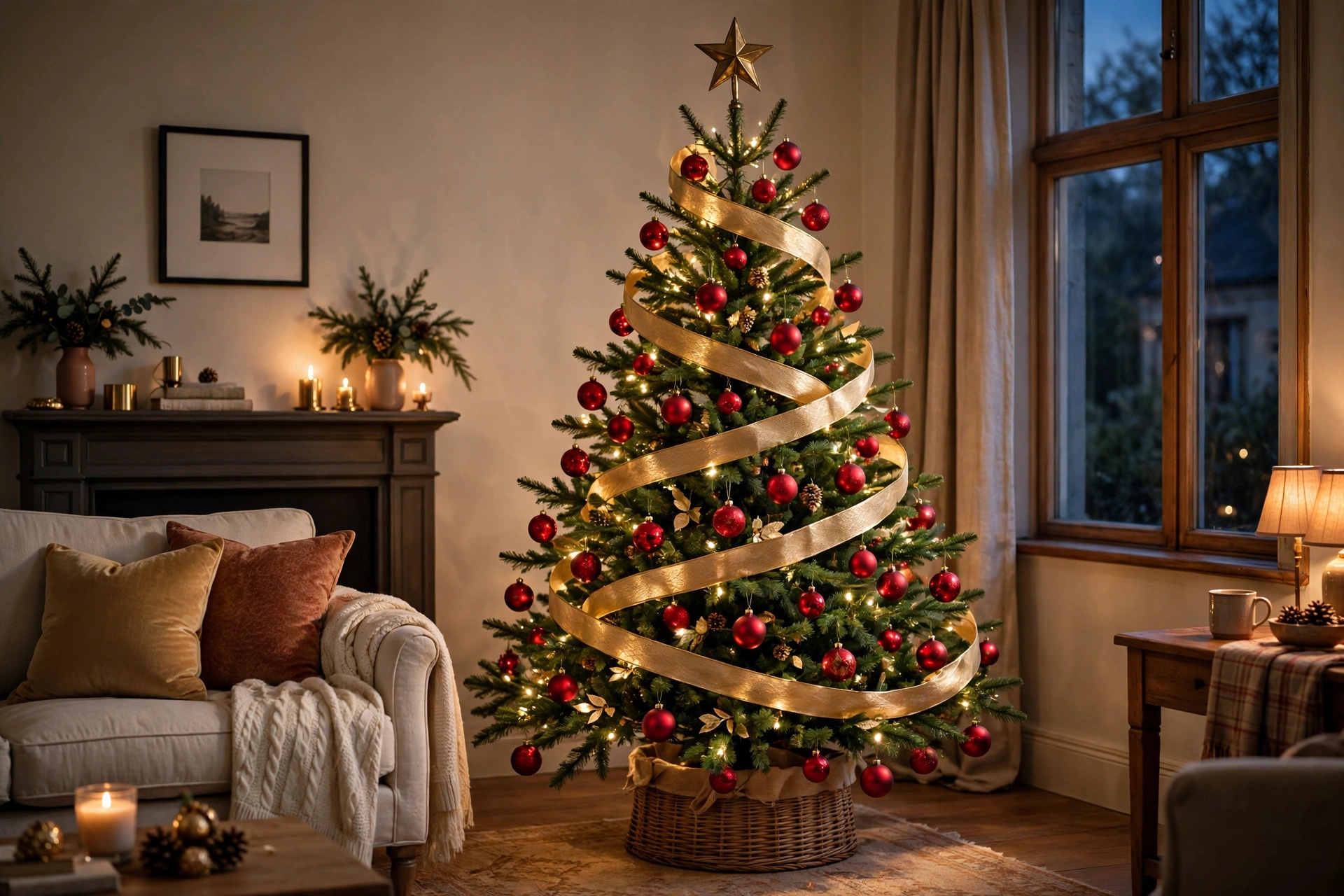 Classic red and gold Christmas tree with wide gold ribbon spiraling down