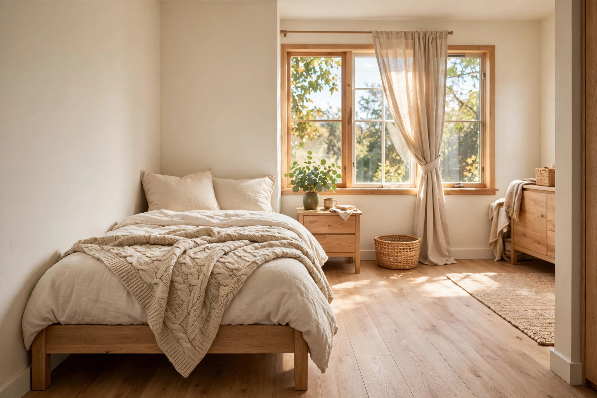 Small bed tucked into the corner of a tiny bedroom with one wide walkway