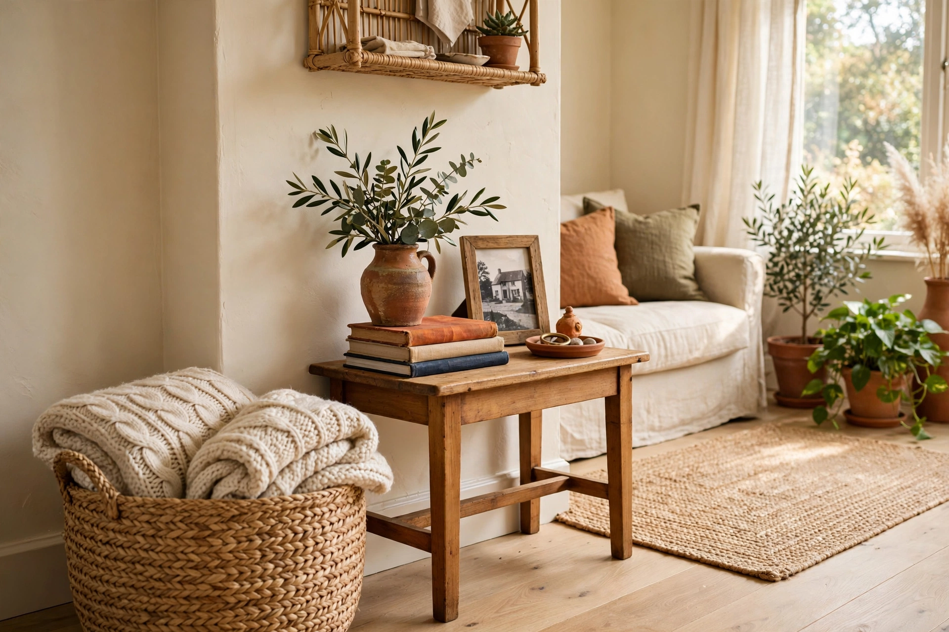 Woven basket with a folded knit throw and a styled side table of decor gathered from around the house