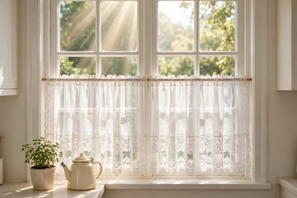 Kitchen window with a white cafe lace curtain covering the lower half, sunlight above