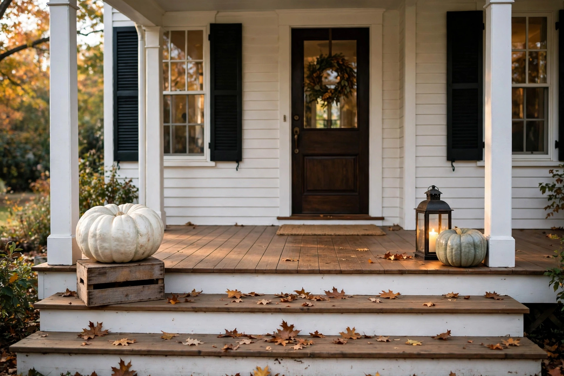 Front porch with two pumpkin groupings: a white heirloom pumpkin on a crate and a sage pumpkin by a lantern