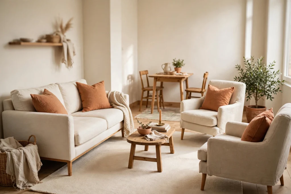 Small apartment living room with a sofa and two armchairs arranged in one conversation zone on a large rug
