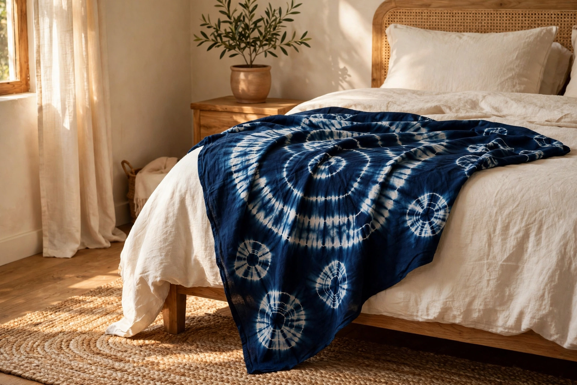 Bedroom corner with a deep indigo adire tie-dye throw on a cream bed
