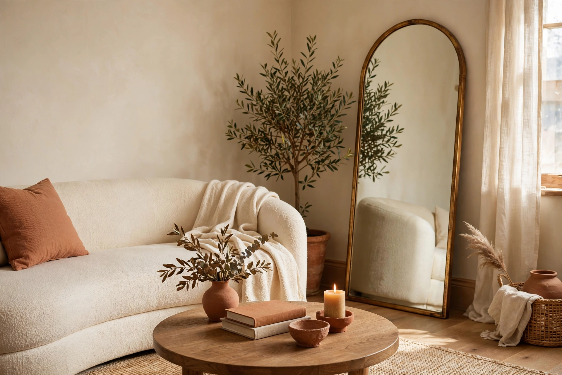 Living room with curved boucle sofa, round coffee table and arched floor mirror