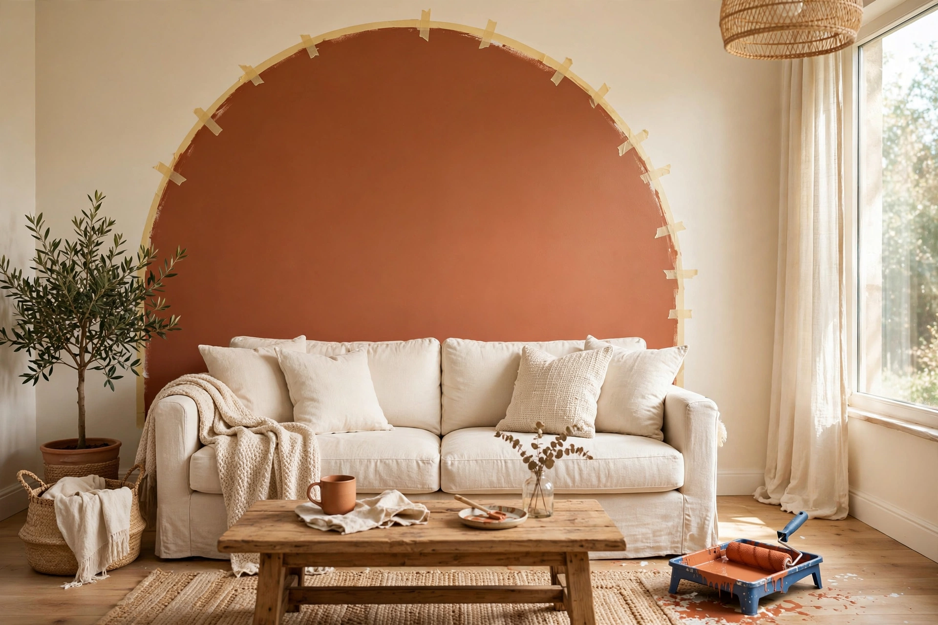Terracotta painted arch accent wall behind a cream linen sofa