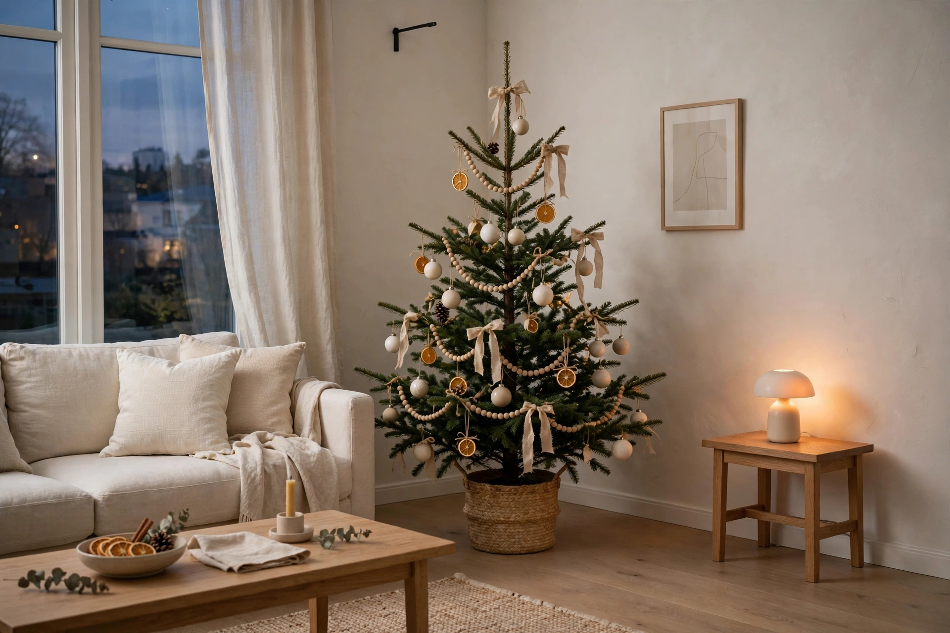 Scandinavian neutral Christmas tree with white ornaments, wooden beads and linen ribbon