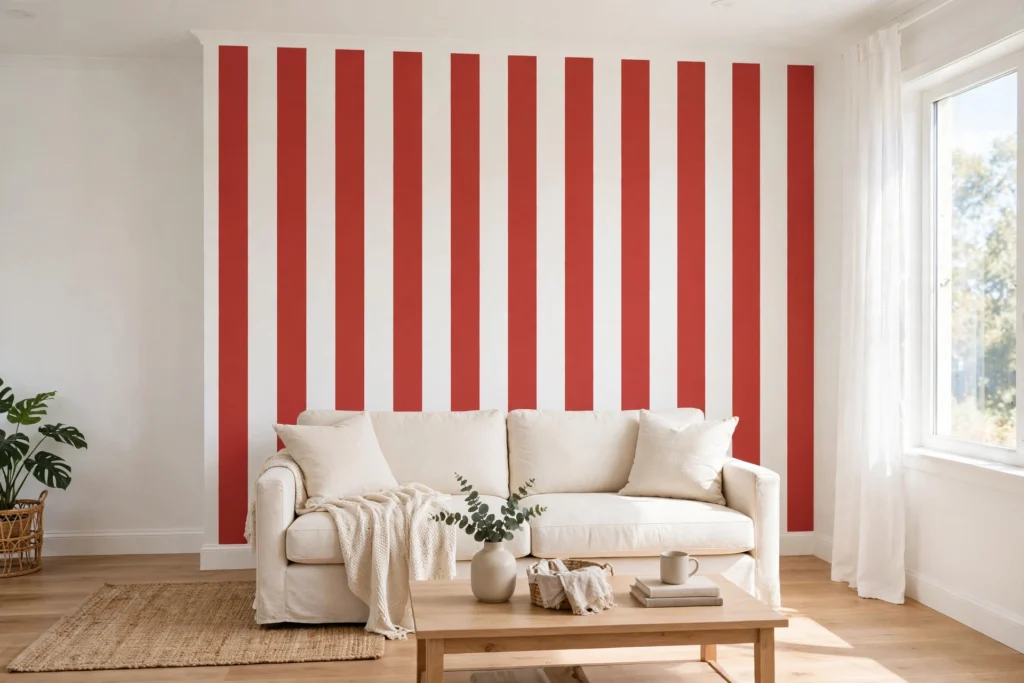 Calm white living room with one bold striped accent wall behind a neutral sofa.