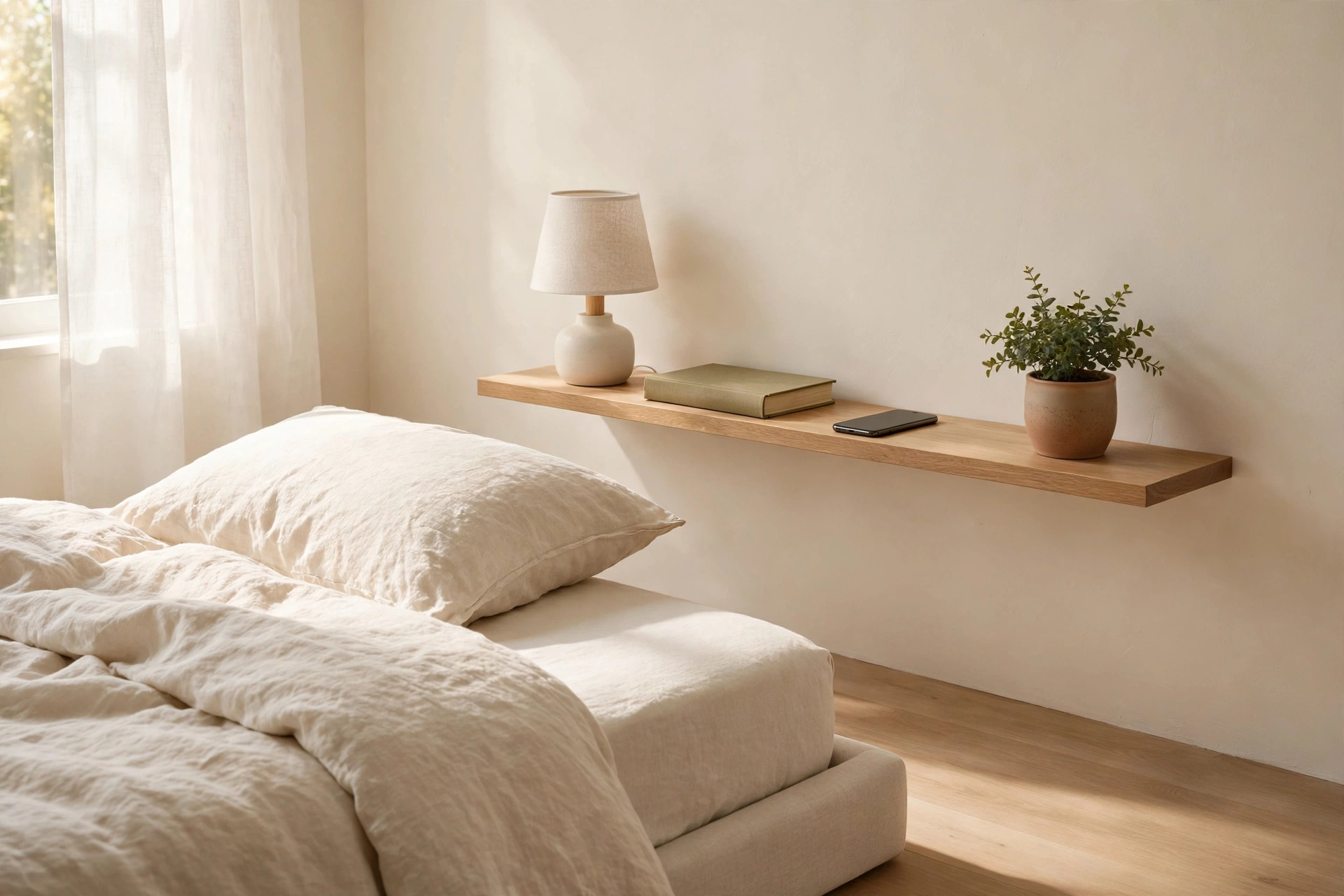 Wall-mounted floating shelf used as a nightstand in a small bedroom, floor clear underneath