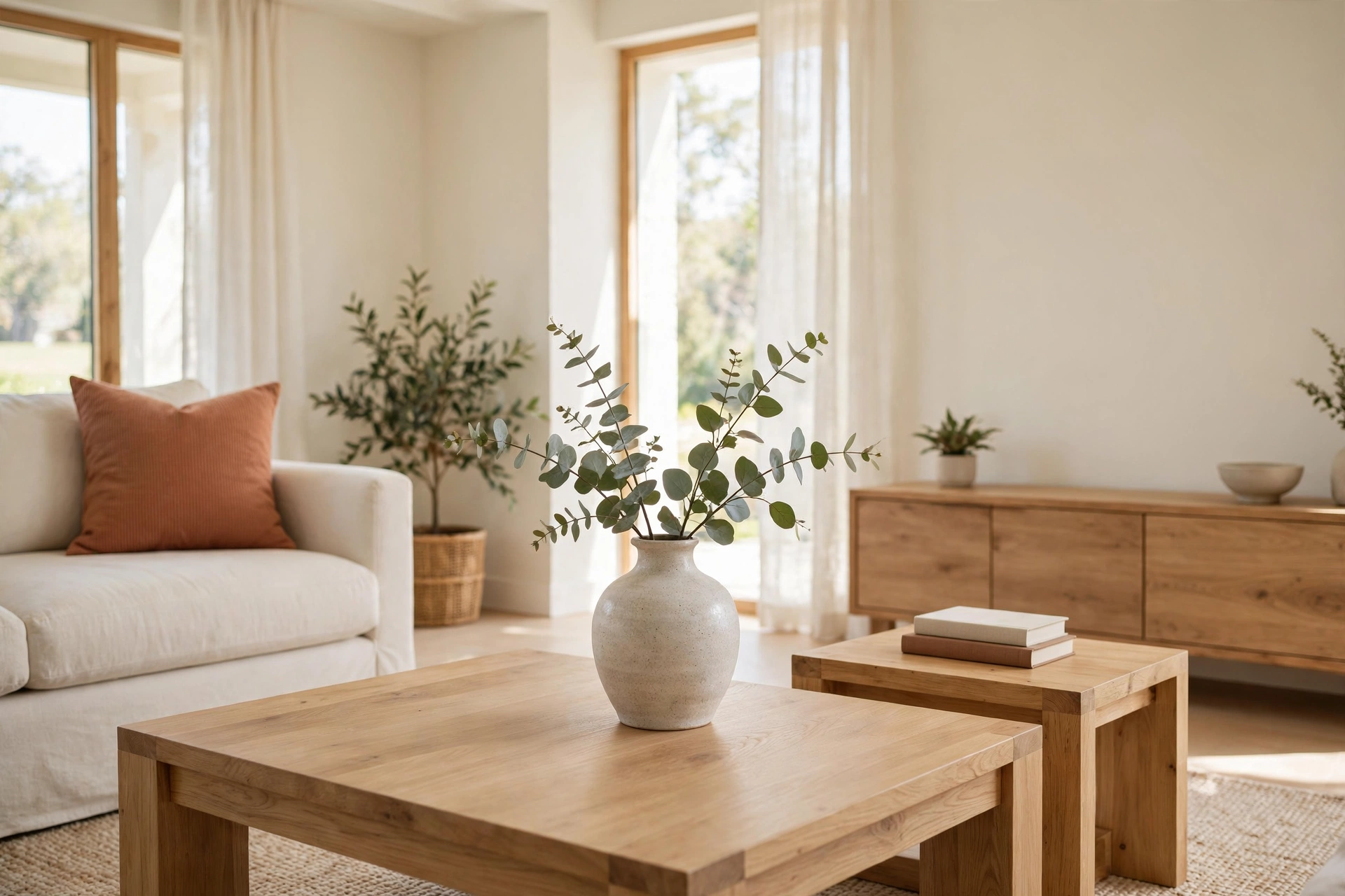 Decluttered living room surfaces with one vase on the coffee table and a nearly clear media console