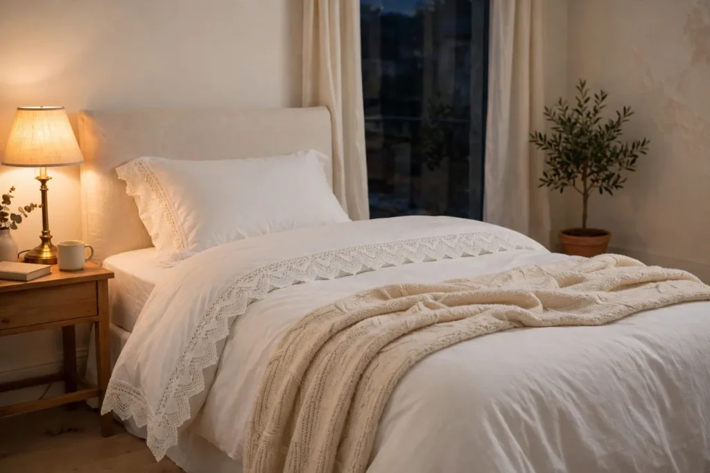 Bedroom in warm evening light with white bedding trimmed in lace