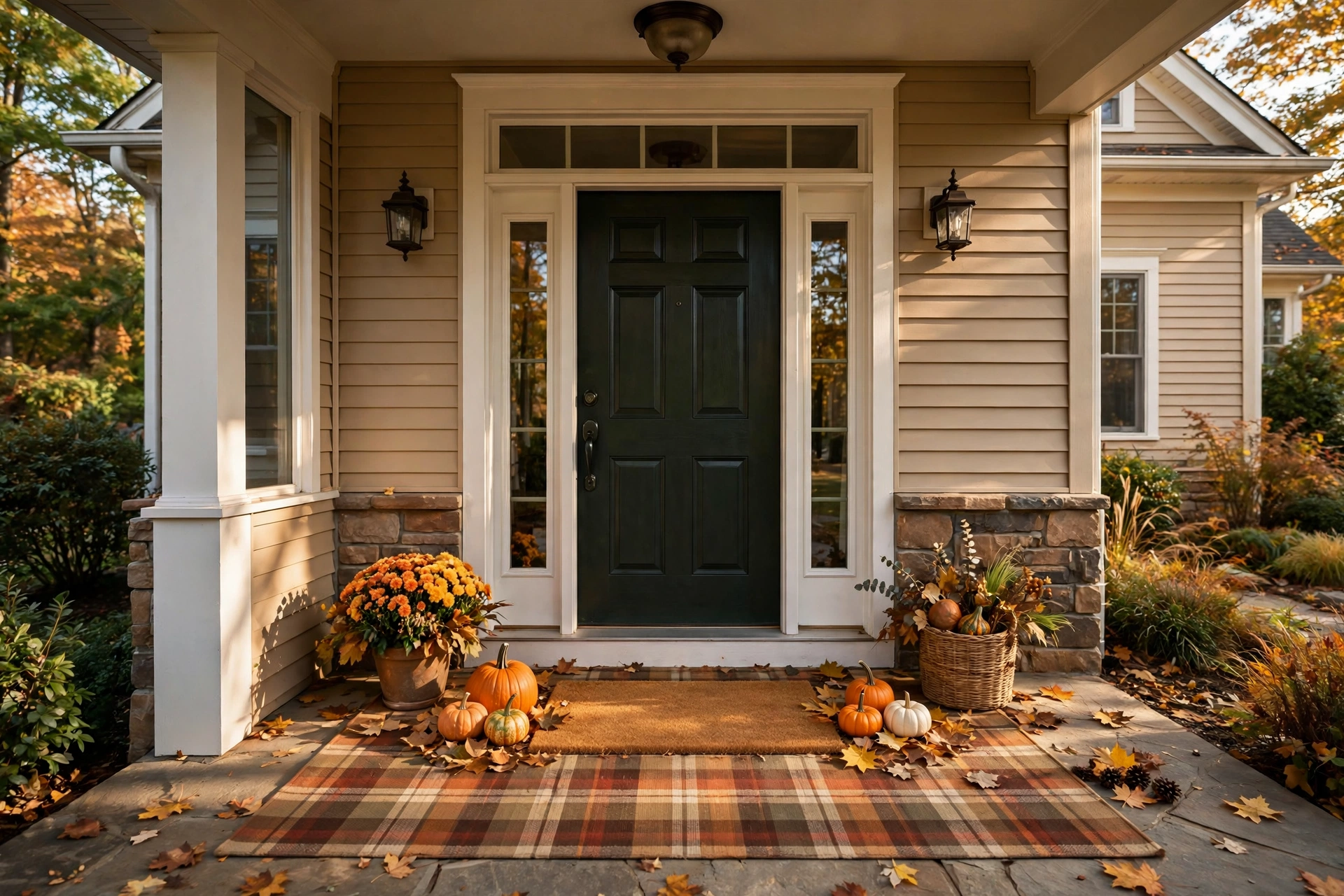Plain coir doormat layered over a larger plaid outdoor rug at a front door