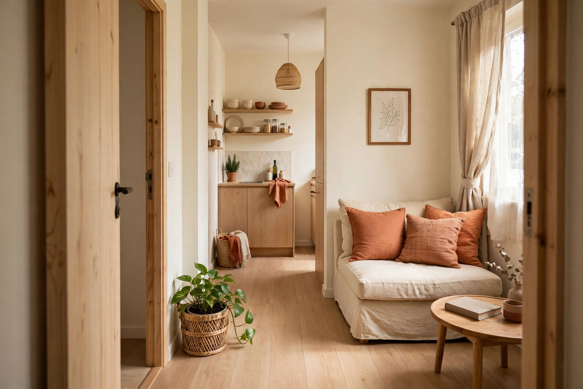 Clear wide walkway from an apartment doorway past the living room to a kitchen nook