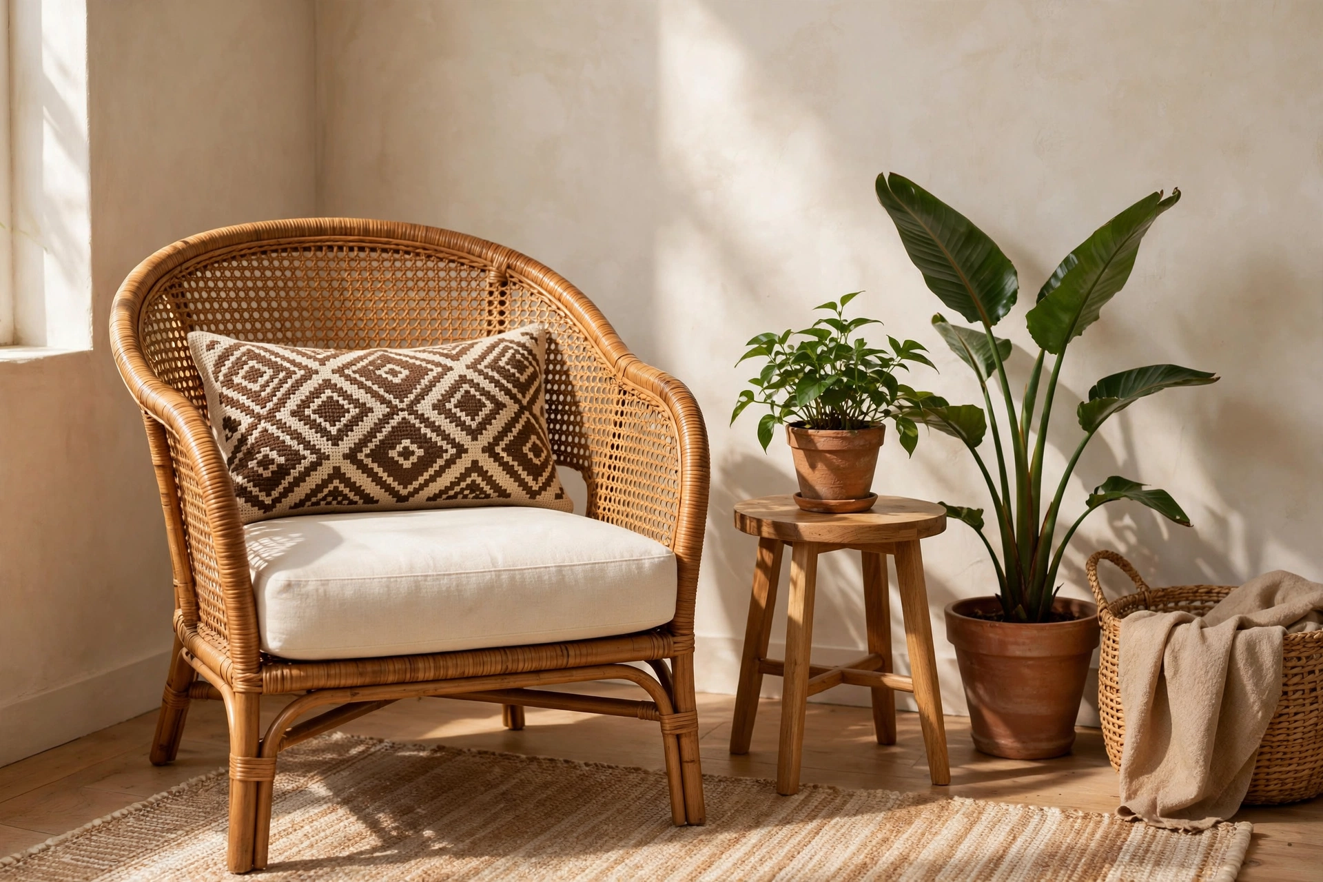 Rattan accent chair with a mud-cloth lumbar pillow in a sunlit living room corner