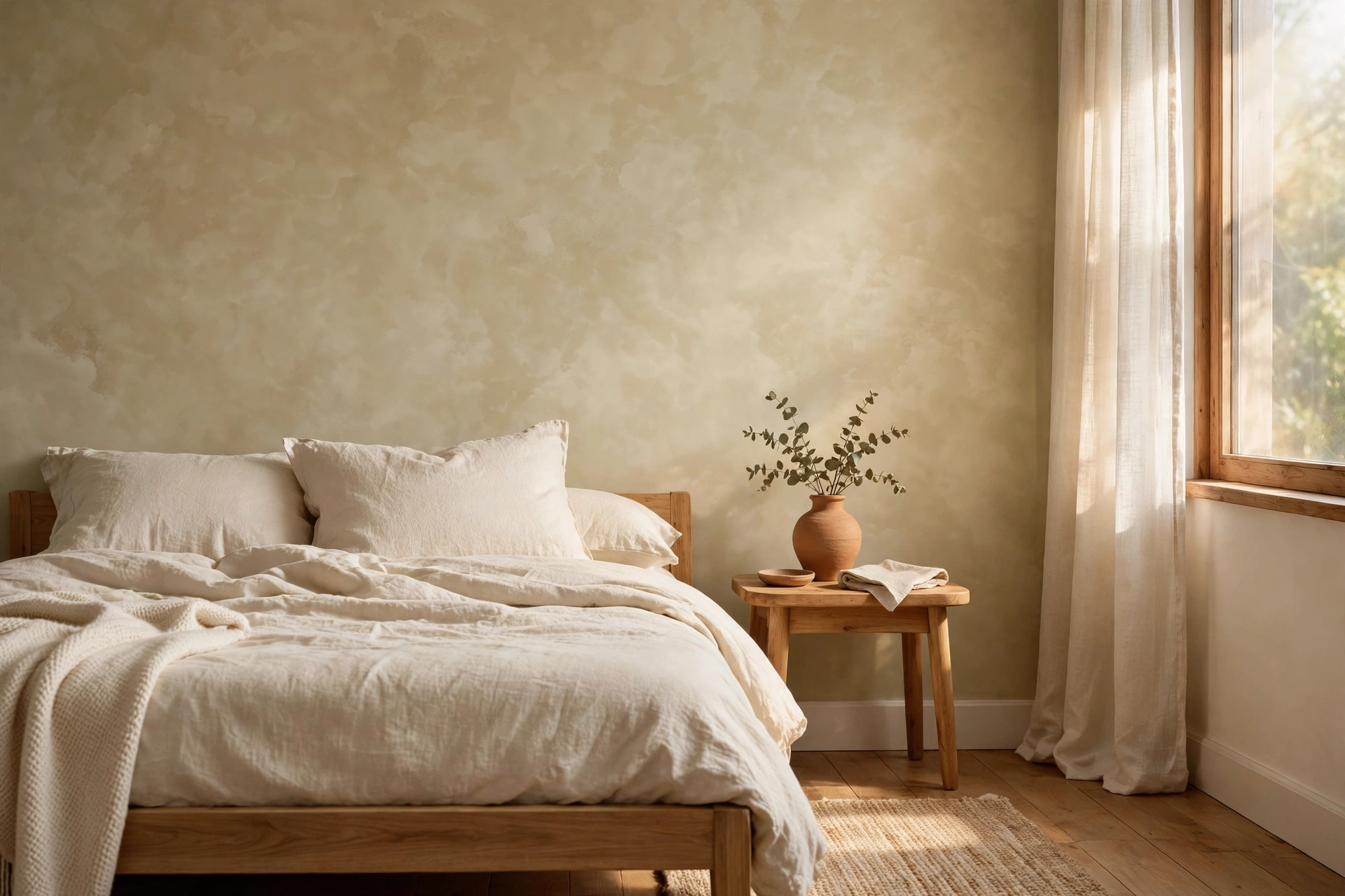 Bedroom with warm oat-beige limewash textured wall and simple wooden bed