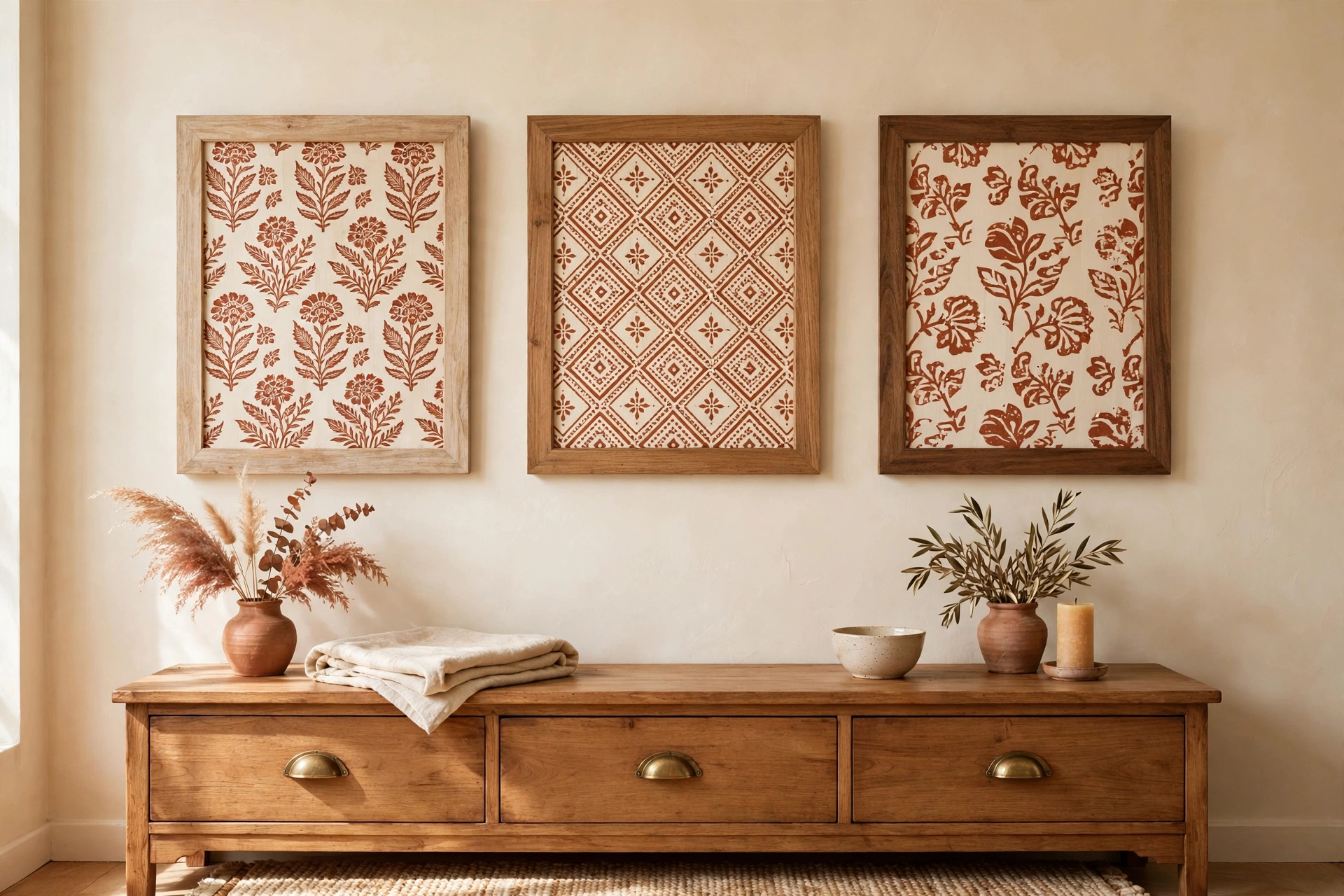 Framed fabric textile art in mismatched wood frames on a bedroom wall