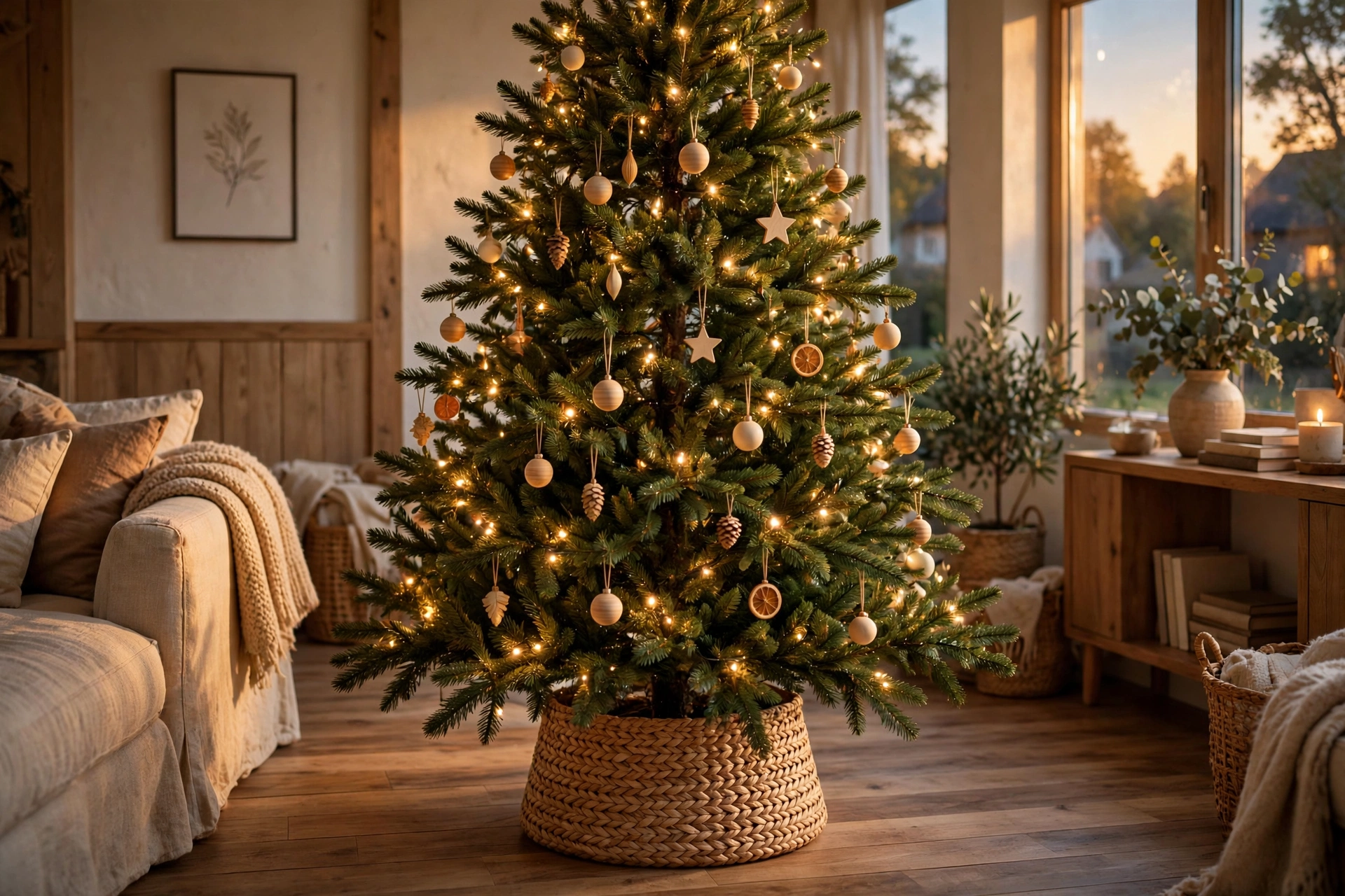Christmas tree with woven seagrass basket collar hiding the stand