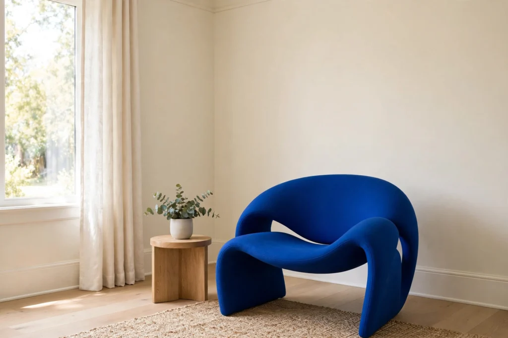 White living room corner with one sculptural chair in a single bold primary color.