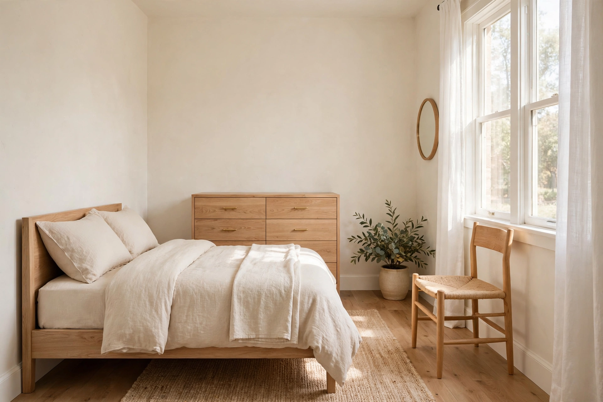Small bedroom with all furniture placed flush against the walls and a round mirror in the corner